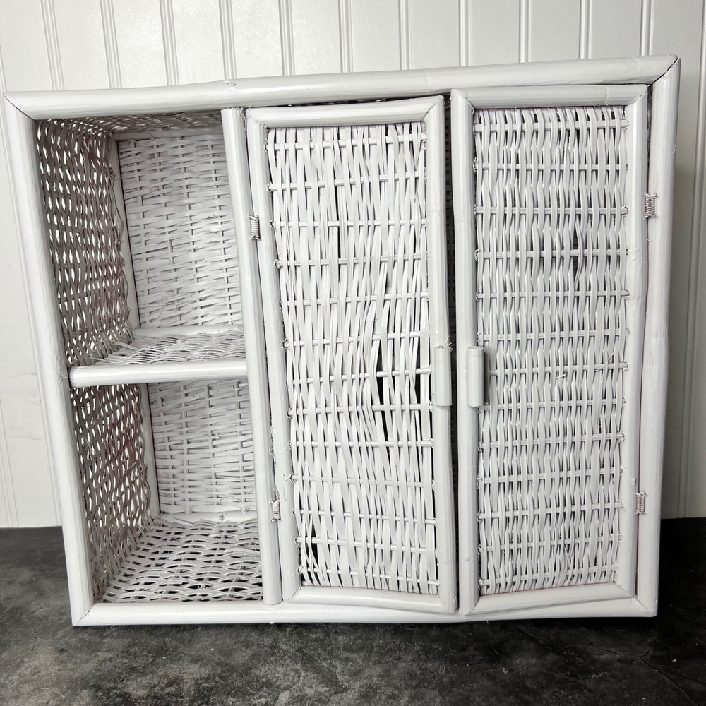 Vintage White Painted Wicker Storage Cabinet | Cottage Boho Shabby Chic